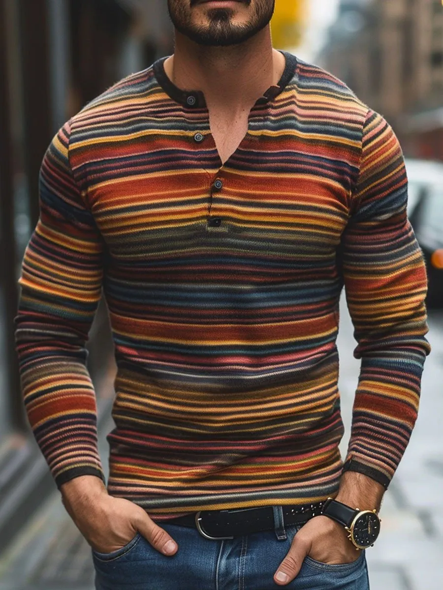 Men's Henley Collar Vintage Stripe Print Casual Long Sleeve T-Shirt