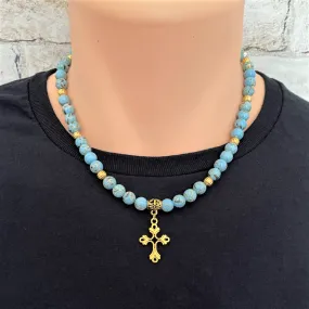 Mens Sky Blue Mosaic and Gold Cross Necklace