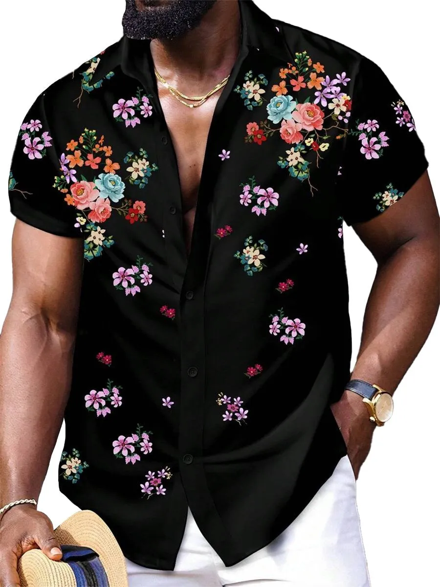 Men's Vintage Blooming Flowers Print Short Sleeve Shirt