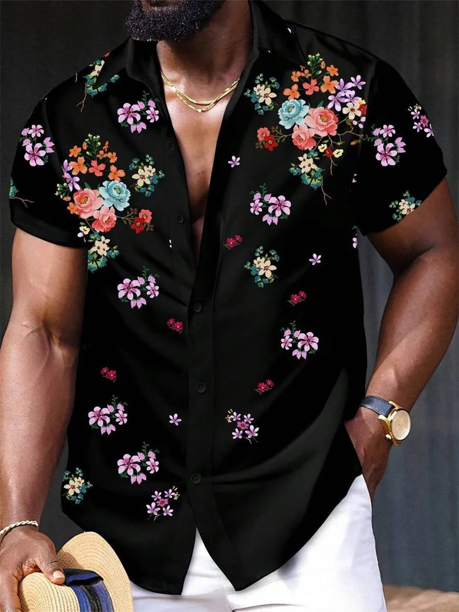 Men's Vintage Blooming Flowers Print Short Sleeve Shirt