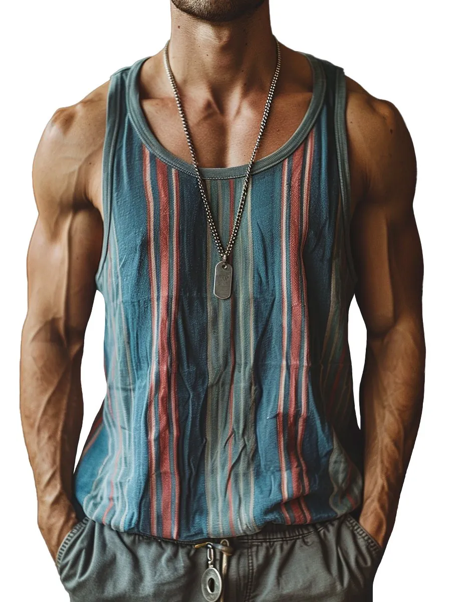 Men's Vintage Striped Print Loose Crew Neck Tank Top