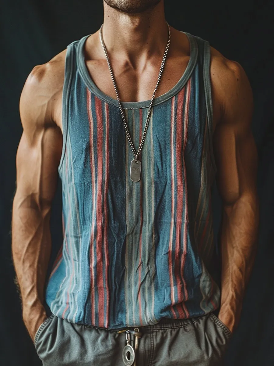 Men's Vintage Striped Print Loose Crew Neck Tank Top