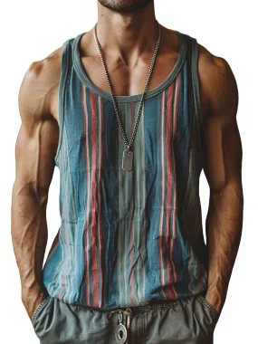 Men's Vintage Striped Print Loose Crew Neck Tank Top