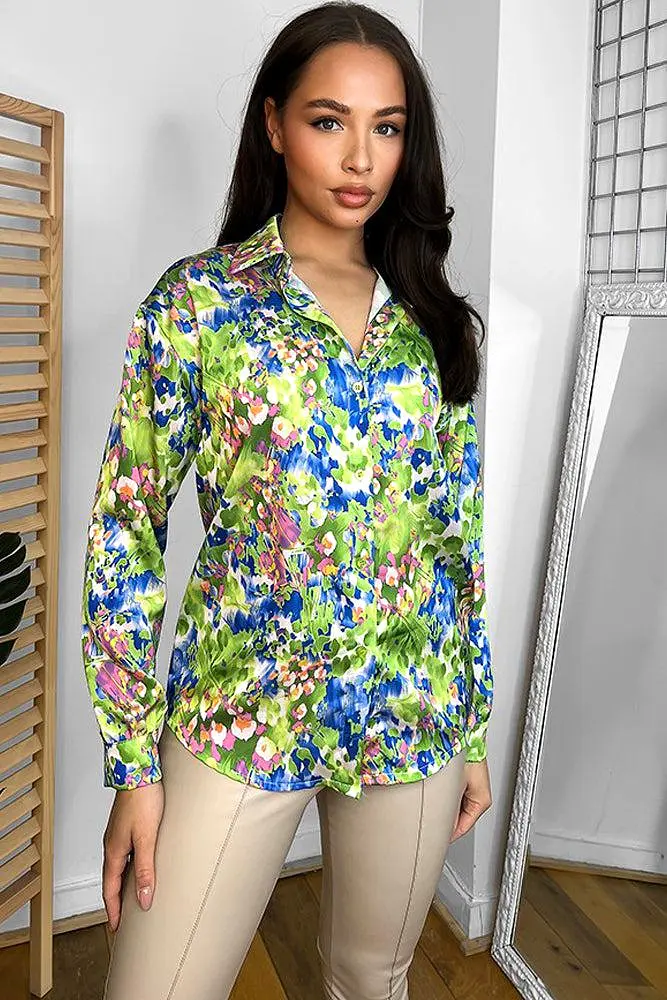 Multicolour Floral Watercolour Print Satin Shirt