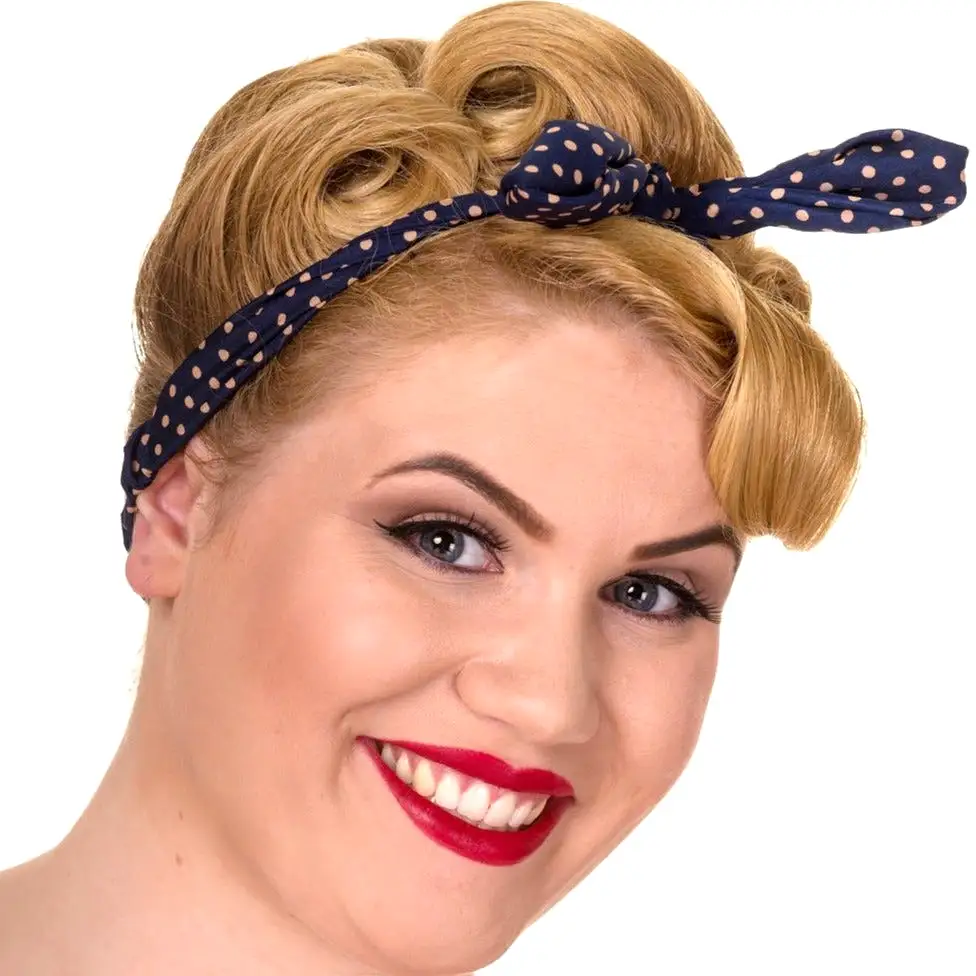 Navy And Nude Pink Polka Dot Print Vintage Headscarf