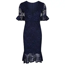 Navy Blue Lace Half Sleeve Fishtail Peplum Hem Bodycon Pencil Dress