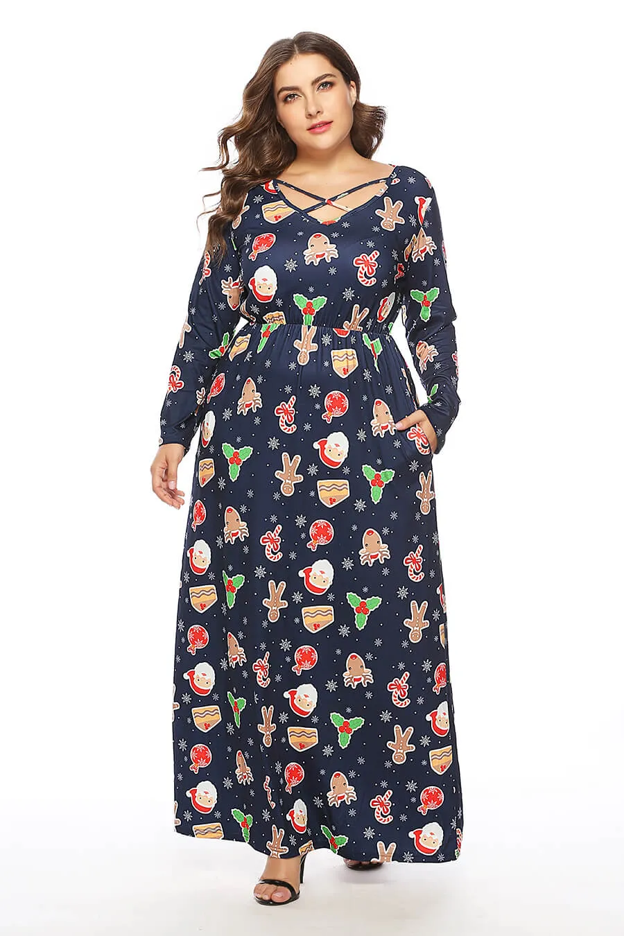 New Plus Size Women Multicolor Christmas Print Long Sleeve Dress