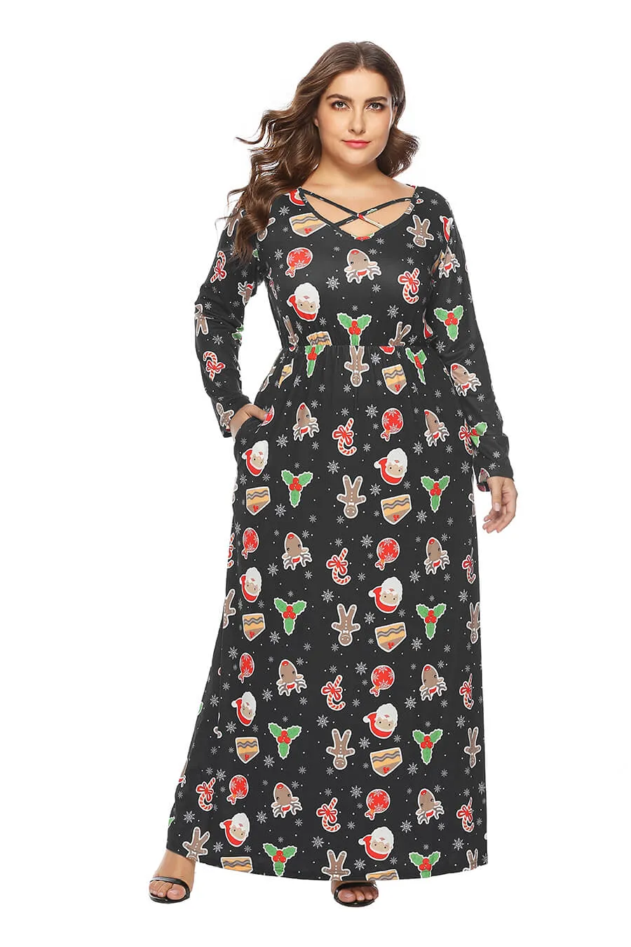 New Plus Size Women Multicolor Christmas Print Long Sleeve Dress