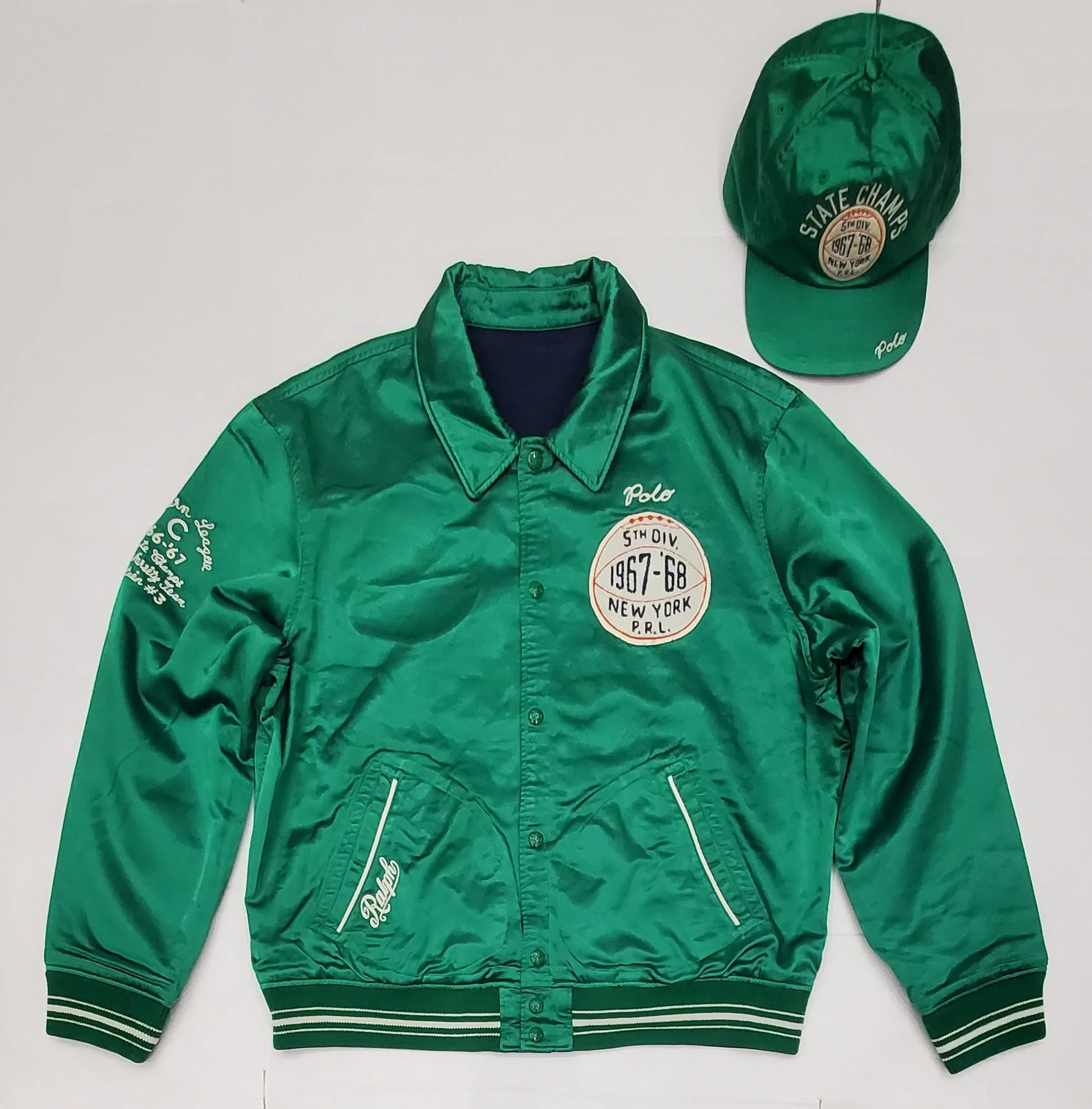 Nwt Polo Ralph Lauren Reversible Green Satin New York State Champs /Navy Corduroy  P Patch 67 Jacket