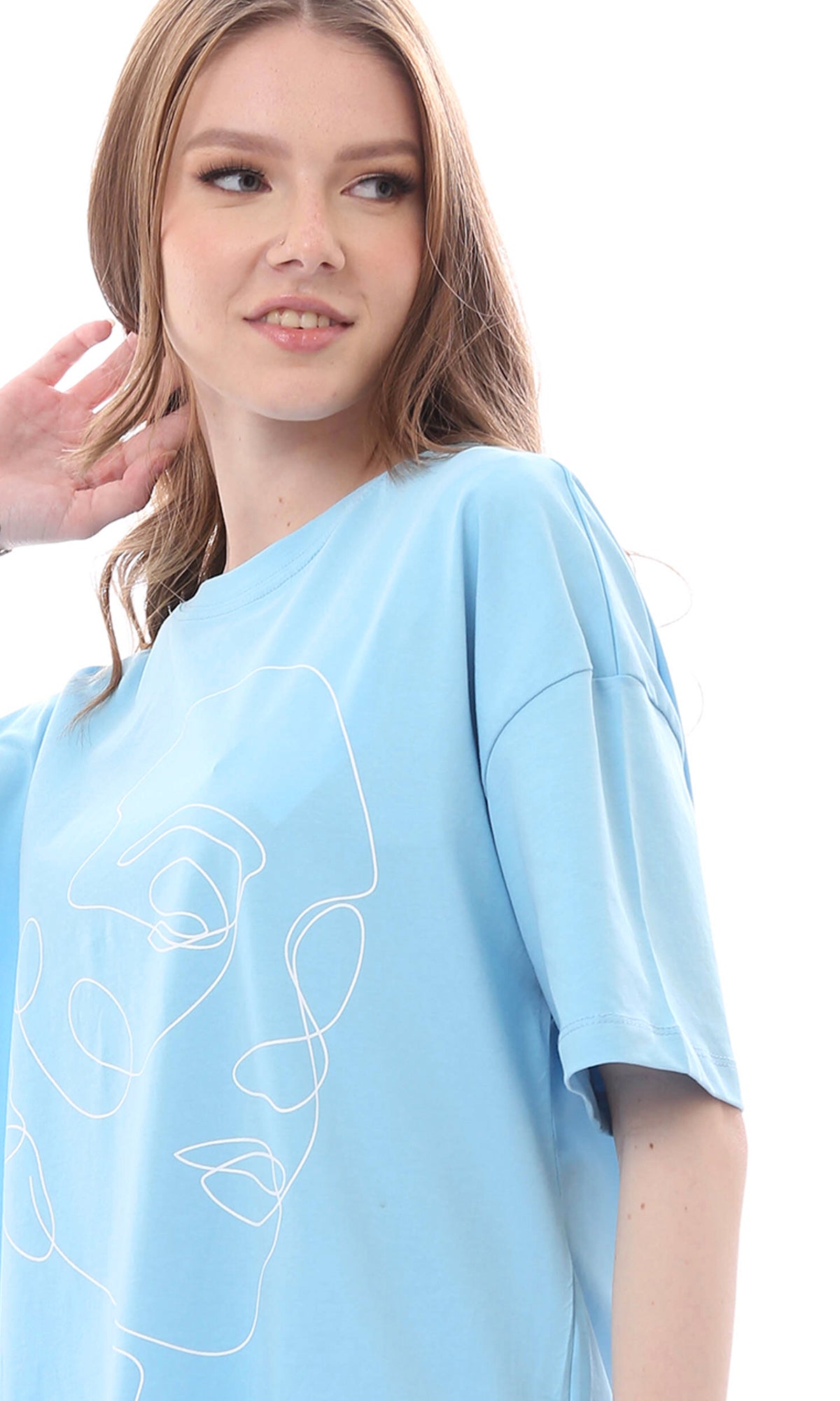 O165804 Sky Blue Graphic Pattern Relaxed Rayon T-Shirt