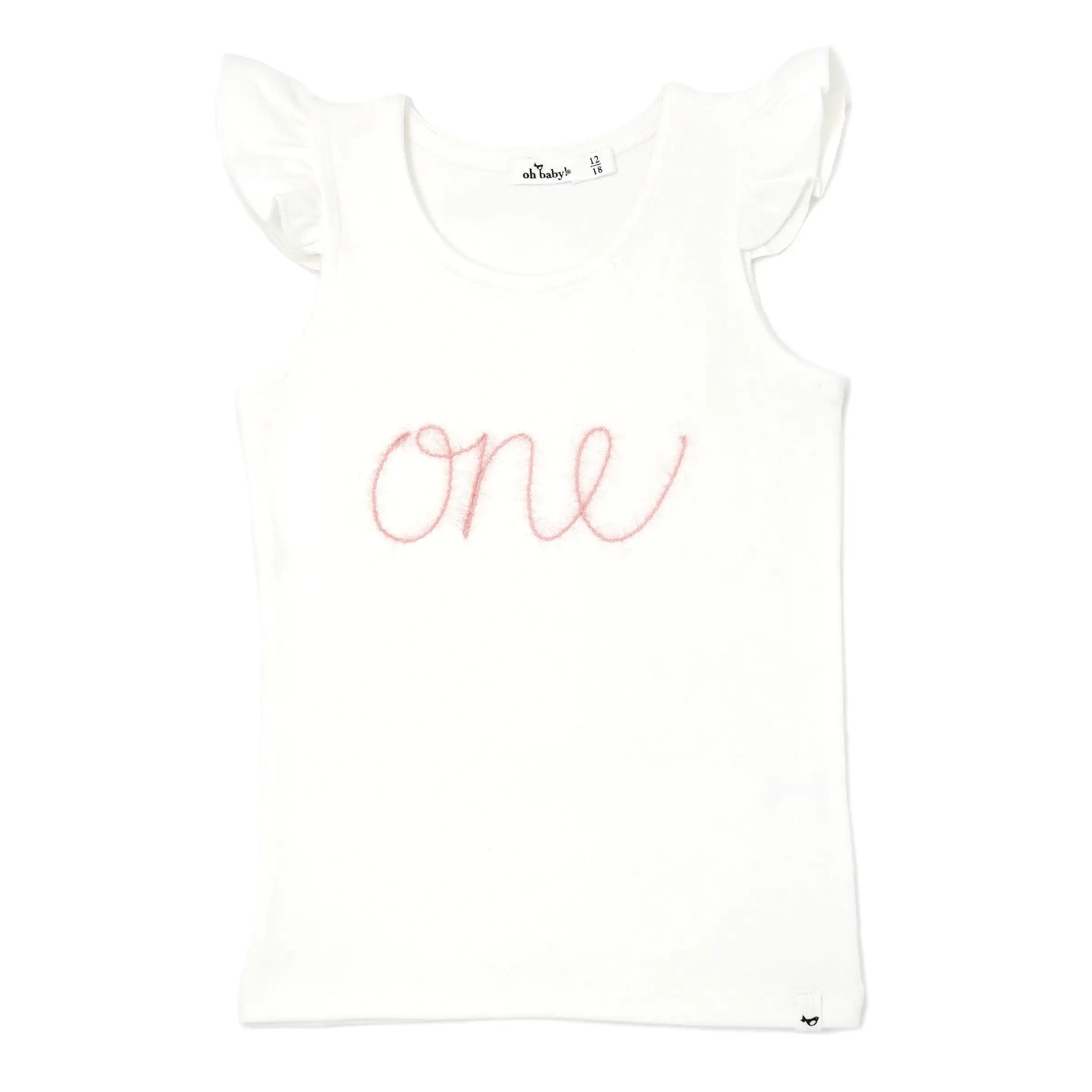 oh baby! Cotton Baby Rib Flutter Sleeve Tank - Birthday One Pink Embroidered - Cream