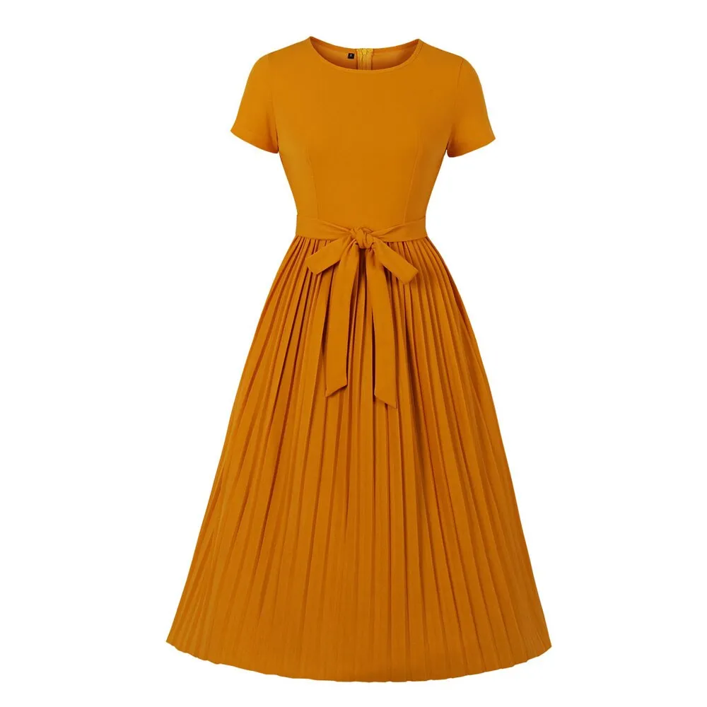 One Piece Women Pleated Korean Chic Short Sleeve Patchwork Belt Elegant Midi Orange Dresses