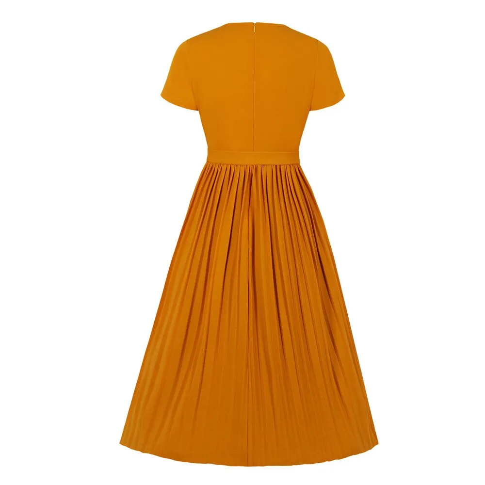 One Piece Women Pleated Korean Chic Short Sleeve Patchwork Belt Elegant Midi Orange Dresses