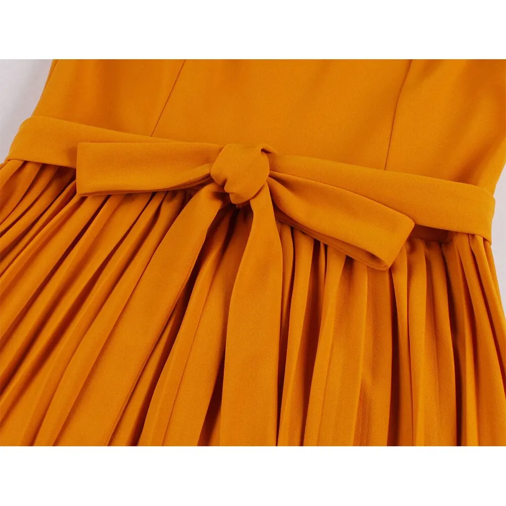 One Piece Women Pleated Korean Chic Short Sleeve Patchwork Belt Elegant Midi Orange Dresses