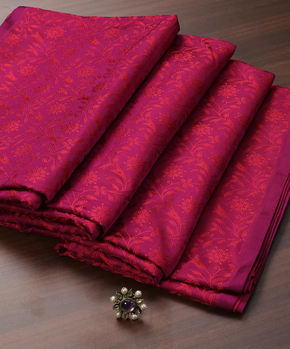 Purple Handloom Pure Katan Silk Tanchoi Banarasi Fabric with Floral Design