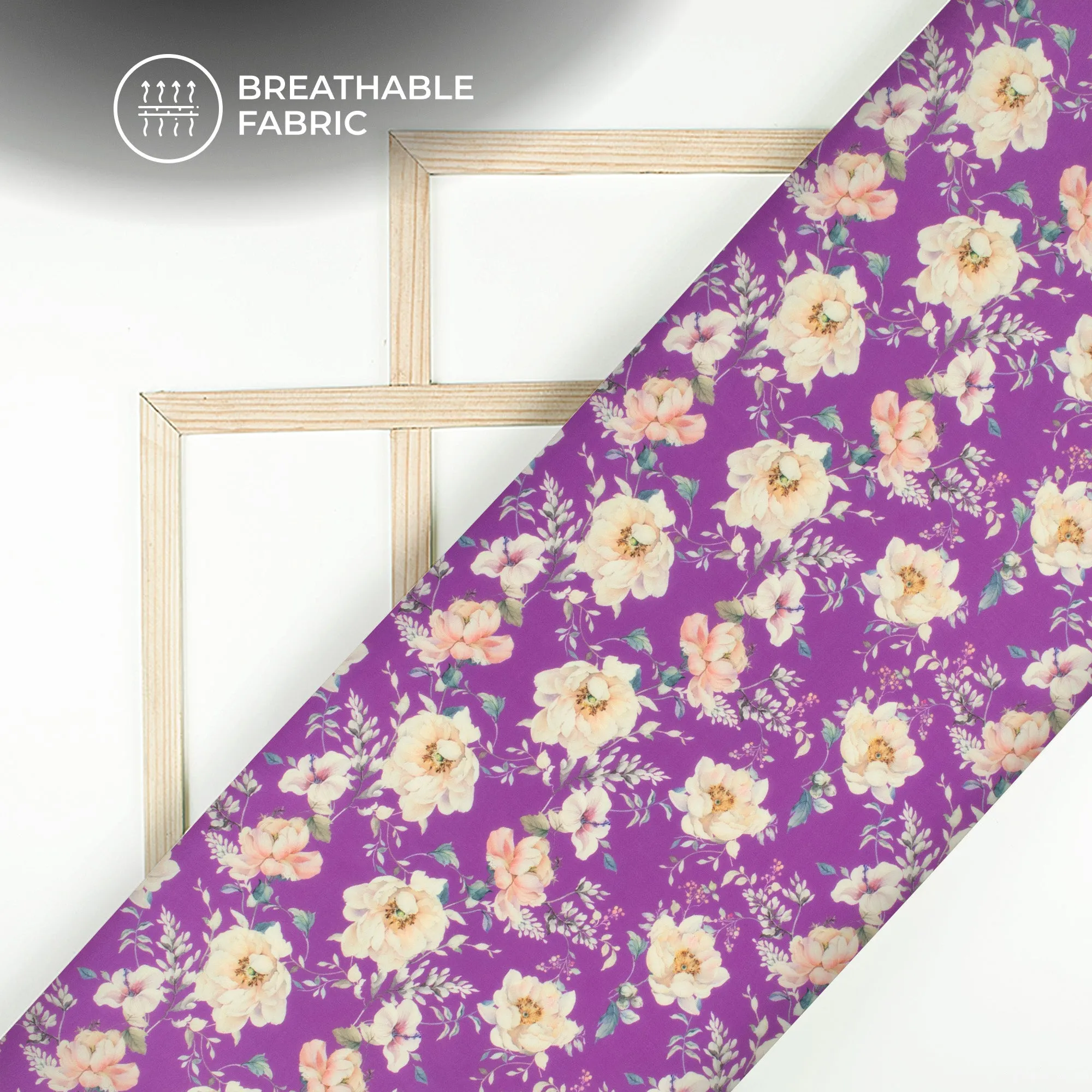 Purple Violet Floral Pattern Digital Print Muslin Fabric