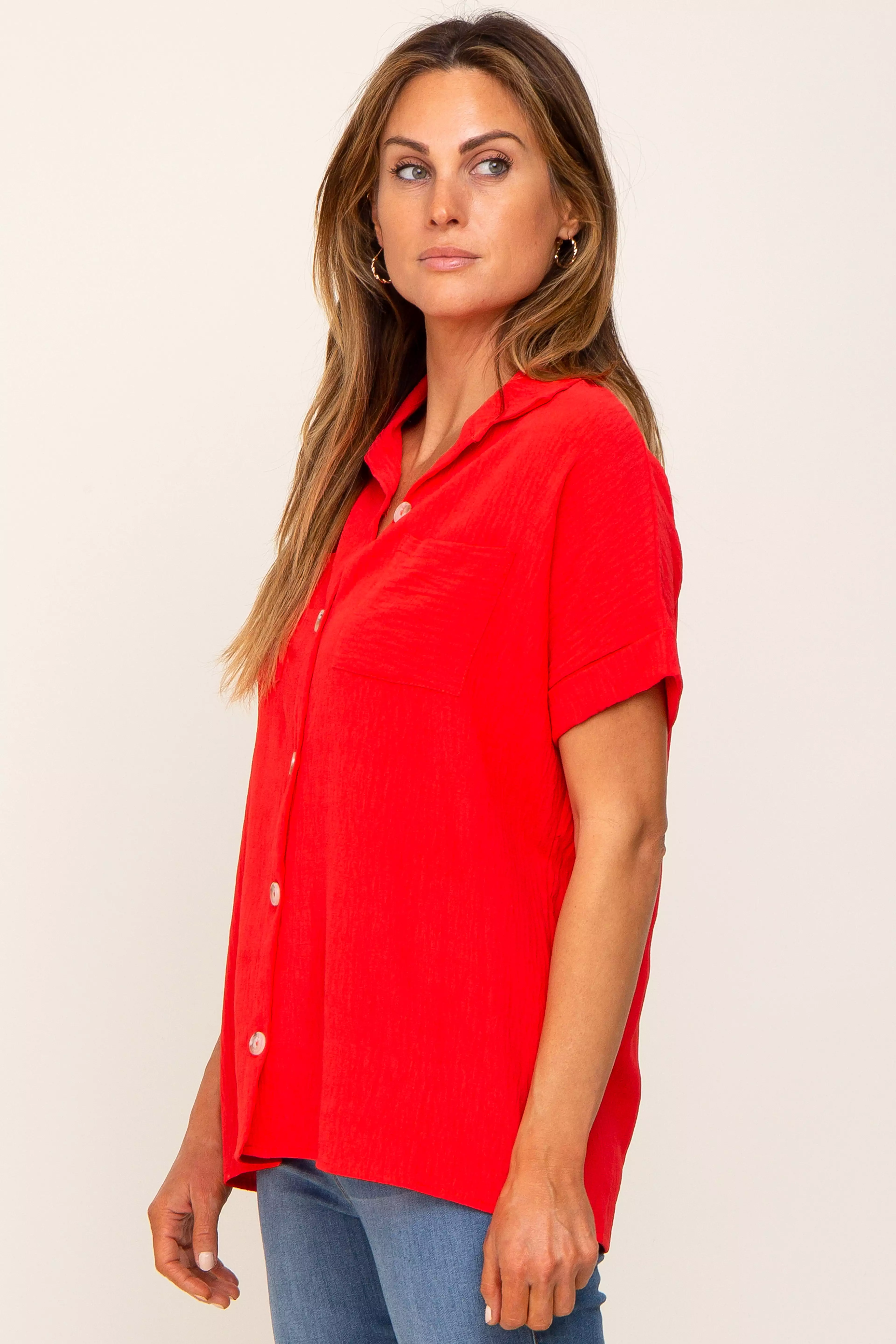 Red Collared Button-Down Short Sleeve Blouse