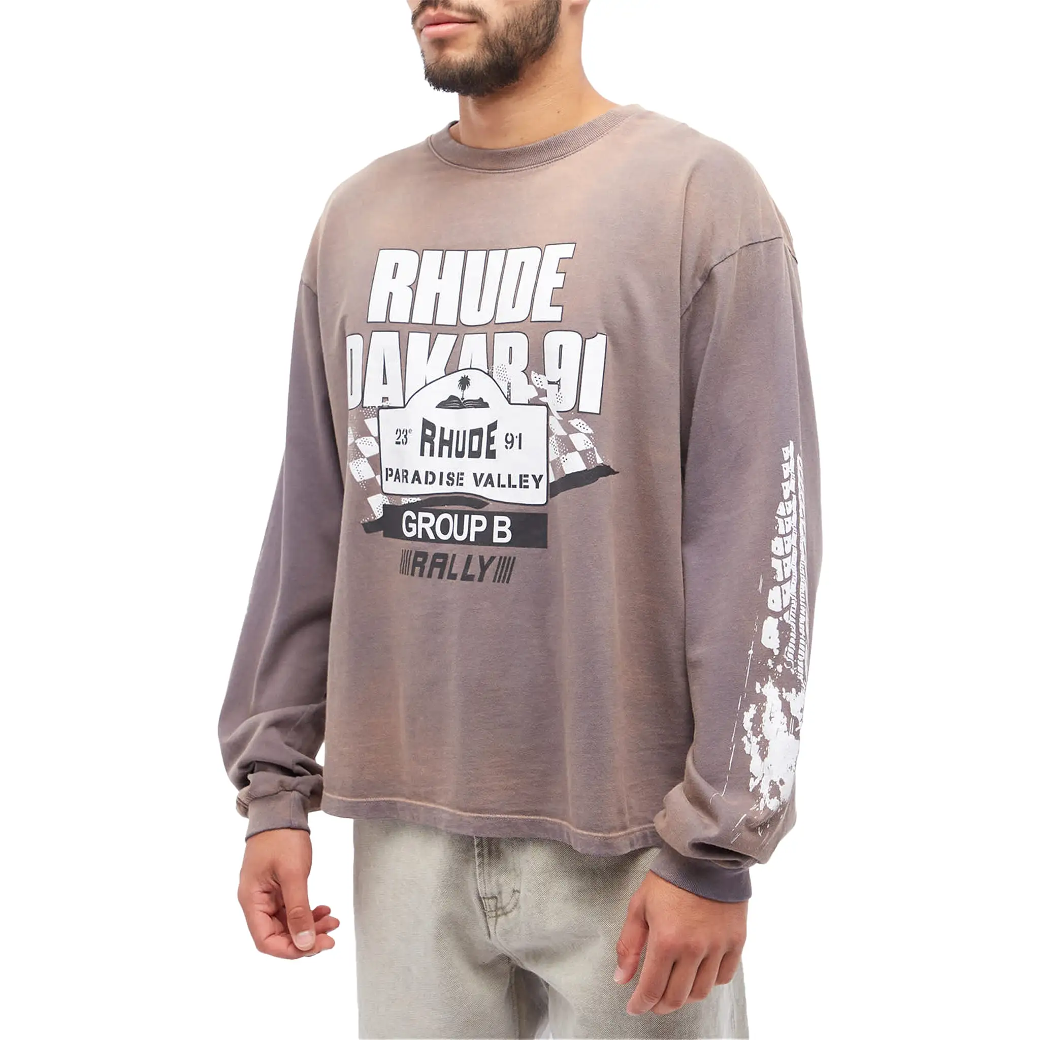 Rhude Dakar 91 Print Long-Sleeve T Shirt Vintage Grey