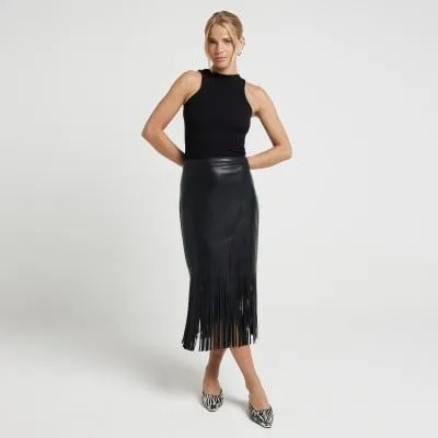 River Island Womens Black Faux Leather Fringe Midi Skirt