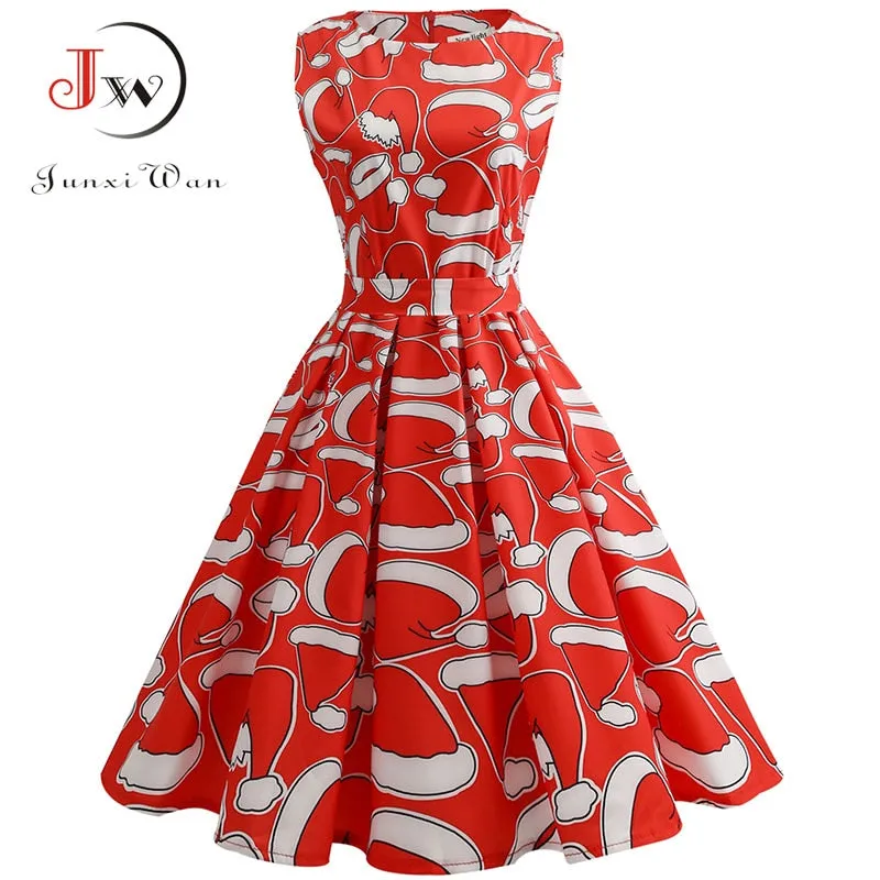 S~3XL Elegant Christmas Floral Print Slim Vintage Dress