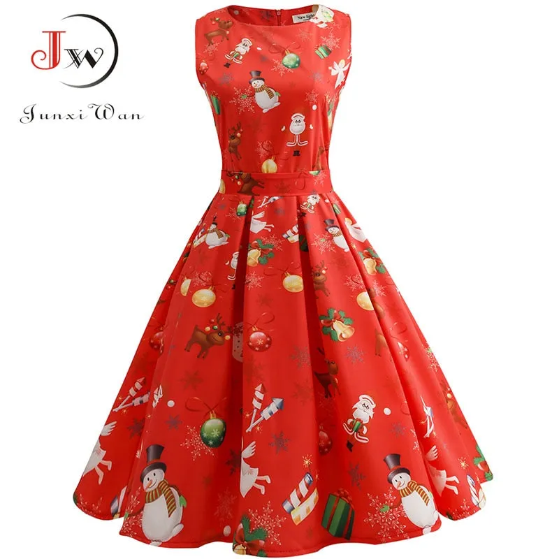 S~3XL Elegant Christmas Floral Print Slim Vintage Dress