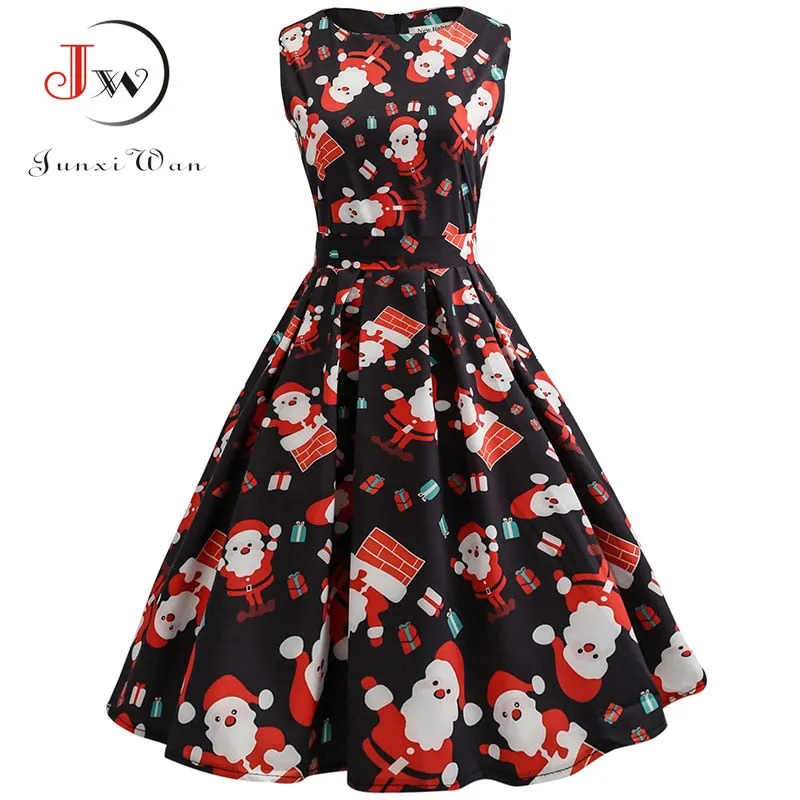 S~3XL Elegant Christmas Floral Print Slim Vintage Dress