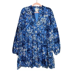 Sail to Sable Blue/Navy/White Floral Print V-Neck Tiered Dress- Size XXL