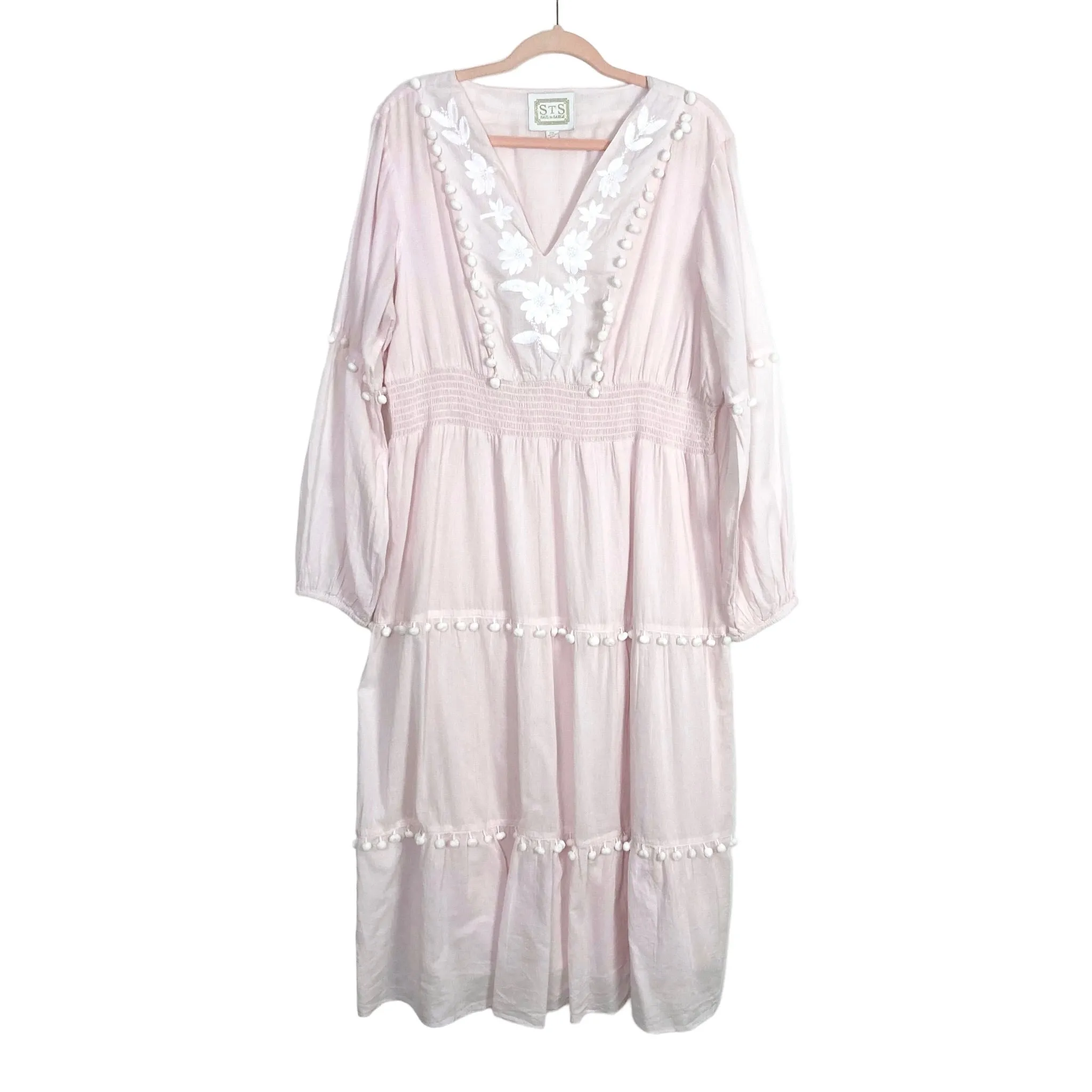 Sail to Sable Pale Pink with White Embroidered Flowers and Poms Smocked Waist Dress- Size XXL