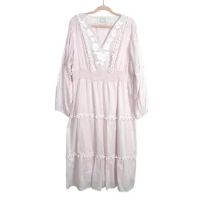 Sail to Sable Pale Pink with White Embroidered Flowers and Poms Smocked Waist Dress- Size XXL