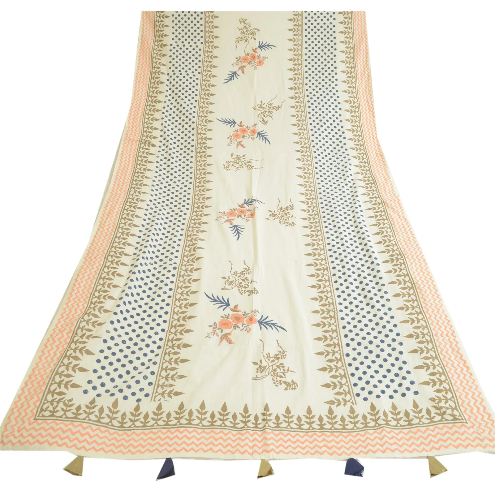 Sanskriti Vintage Dupatta Ivory Long Stole Pure Cotton Hand Paint & Block Print