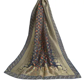 Sanskriti Vintage Long Dupatta Stole Pure Silk Blue Woven Brocade & Kani Print