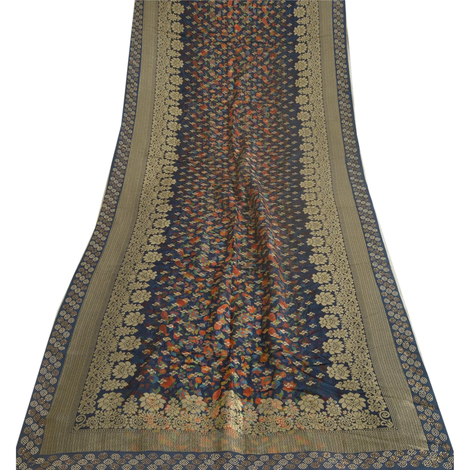 Sanskriti Vintage Long Dupatta Stole Pure Silk Blue Woven Brocade & Kani Print