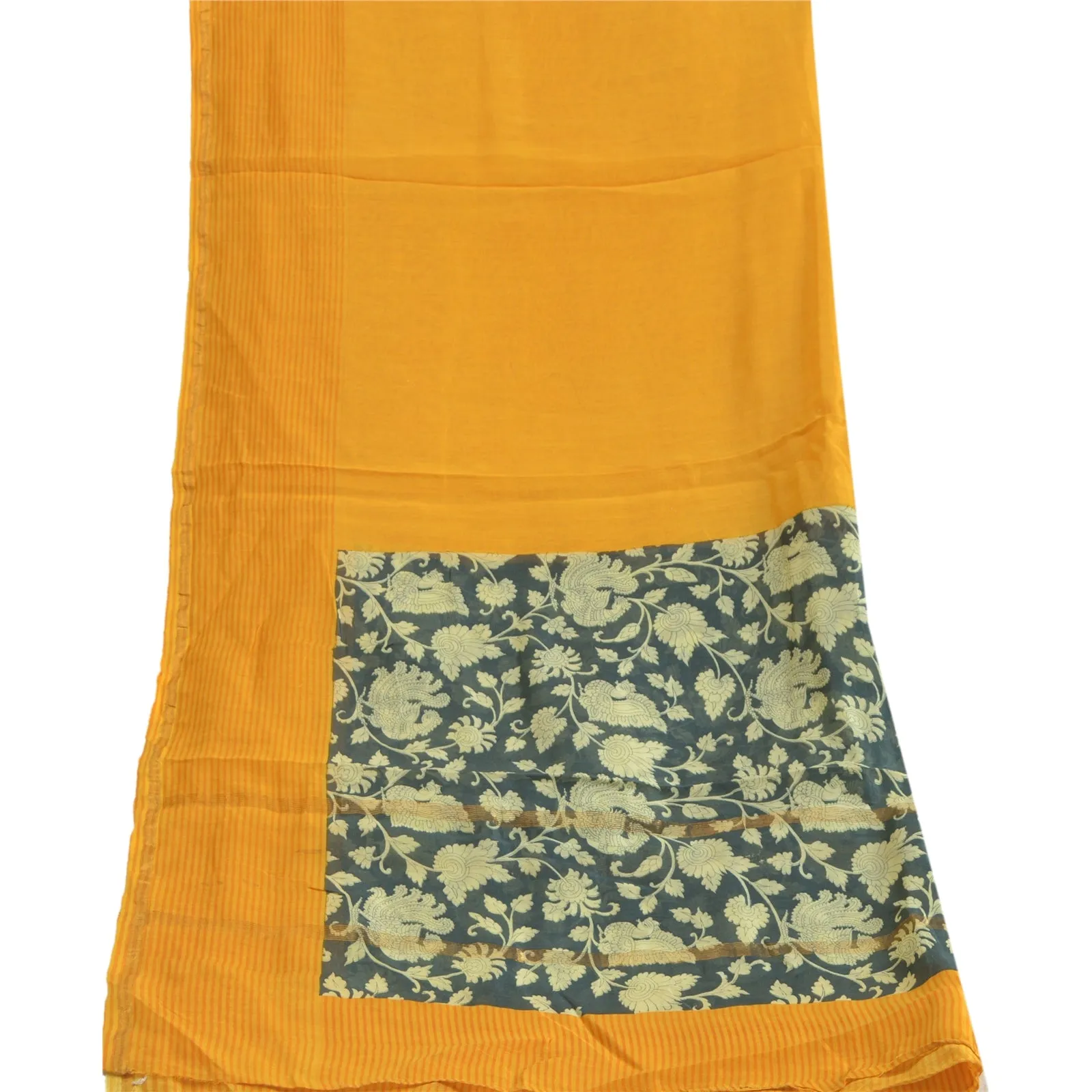 Sanskriti Vintage Saffron/Black Long Dupatta Stole Pure Chanderi Kalamkari Print