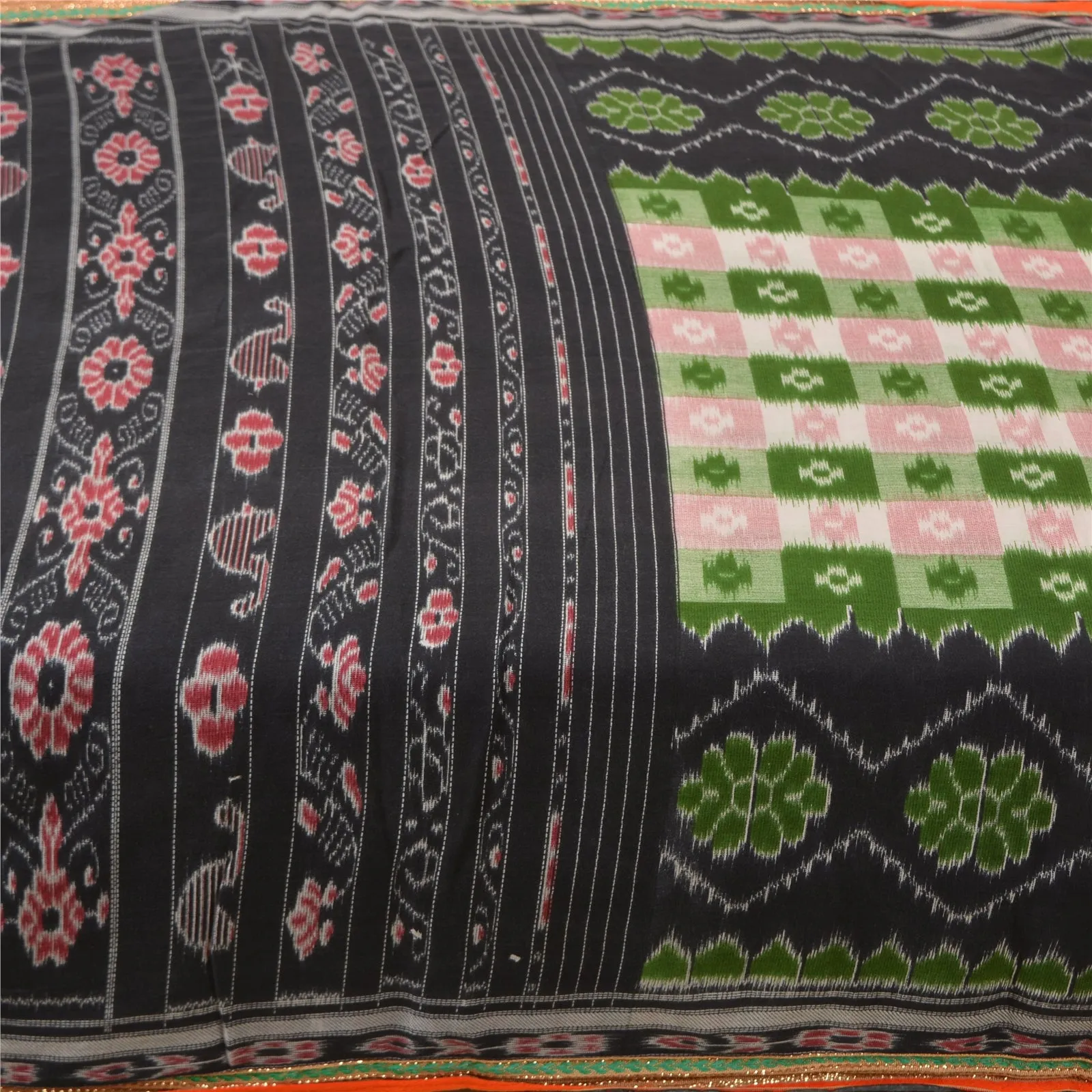 Sanskriti Vintage Sarees Black Patan Patola Print Pure Cotton Sari Craft Fabric