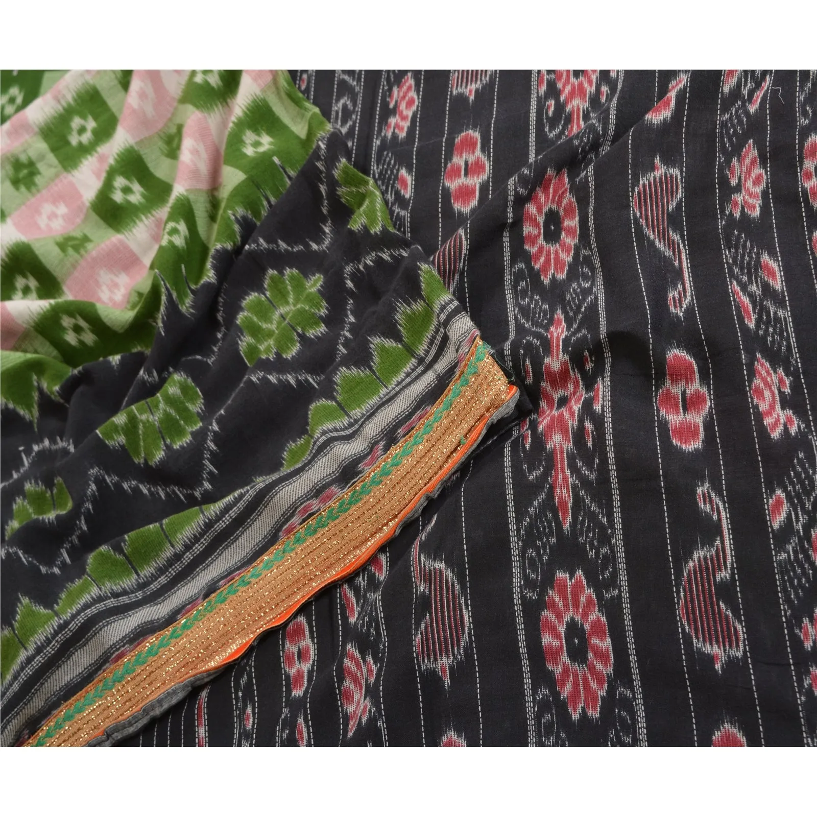 Sanskriti Vintage Sarees Black Patan Patola Print Pure Cotton Sari Craft Fabric