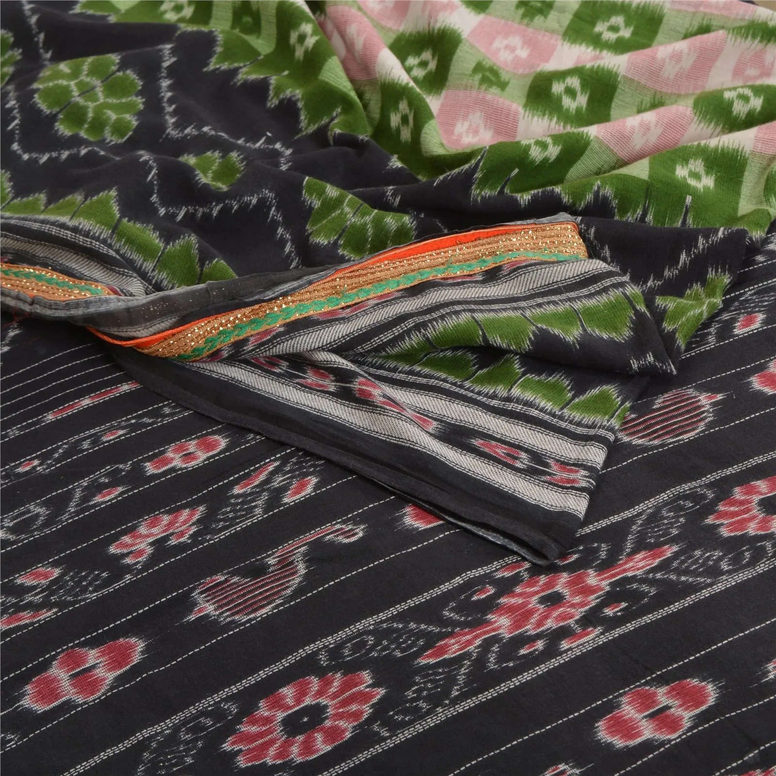 Sanskriti Vintage Sarees Black Patan Patola Print Pure Cotton Sari Craft Fabric