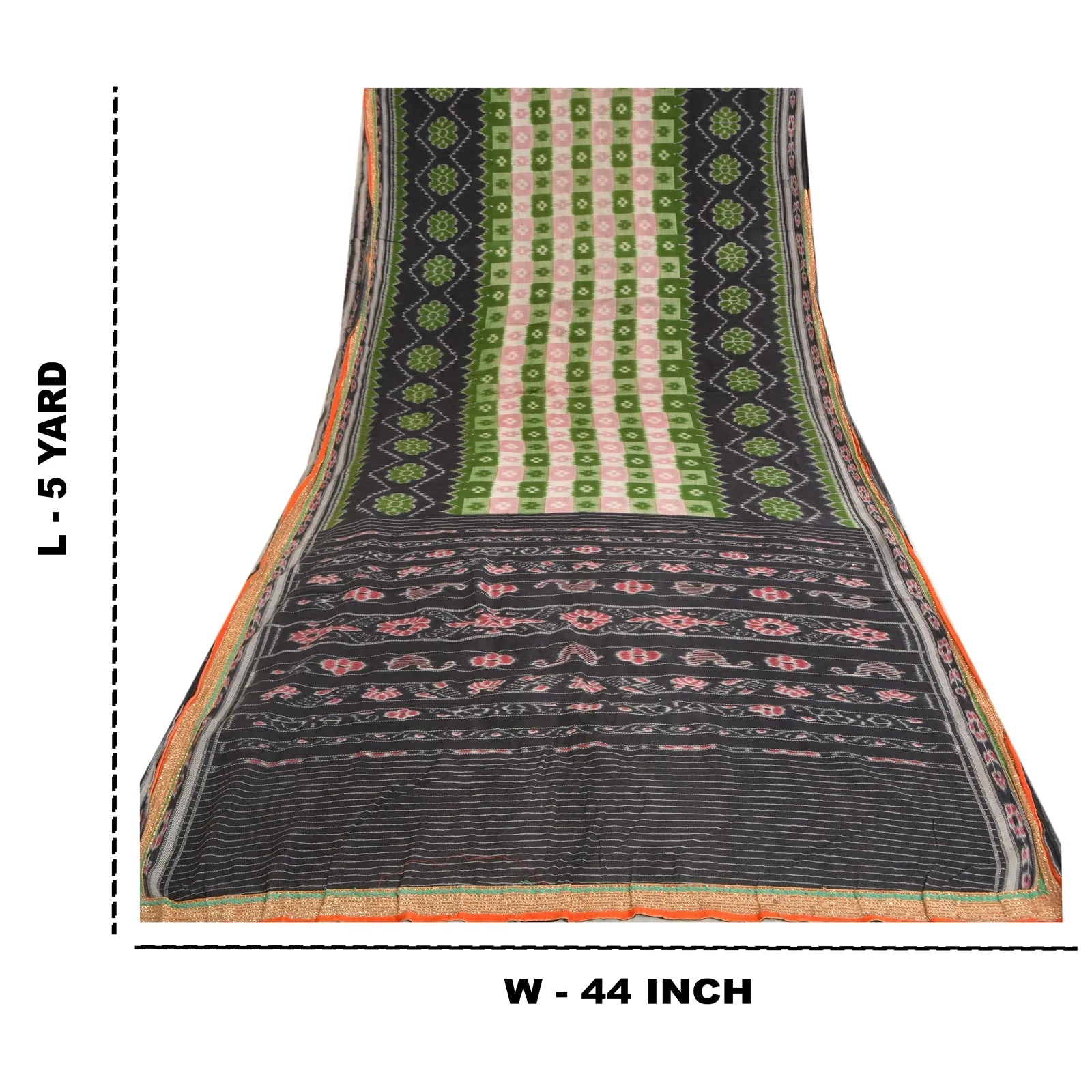 Sanskriti Vintage Sarees Black Patan Patola Print Pure Cotton Sari Craft Fabric