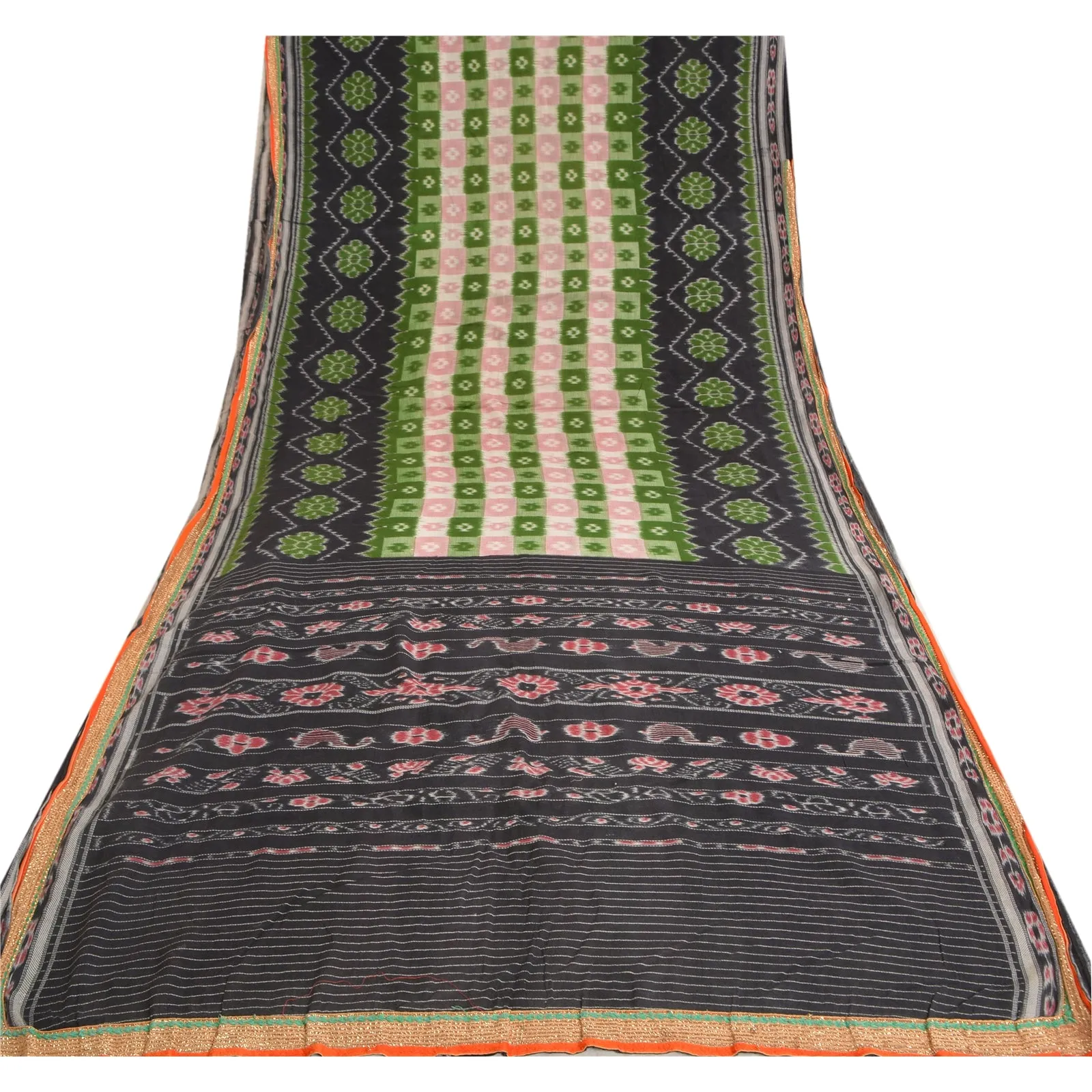 Sanskriti Vintage Sarees Black Patan Patola Print Pure Cotton Sari Craft Fabric