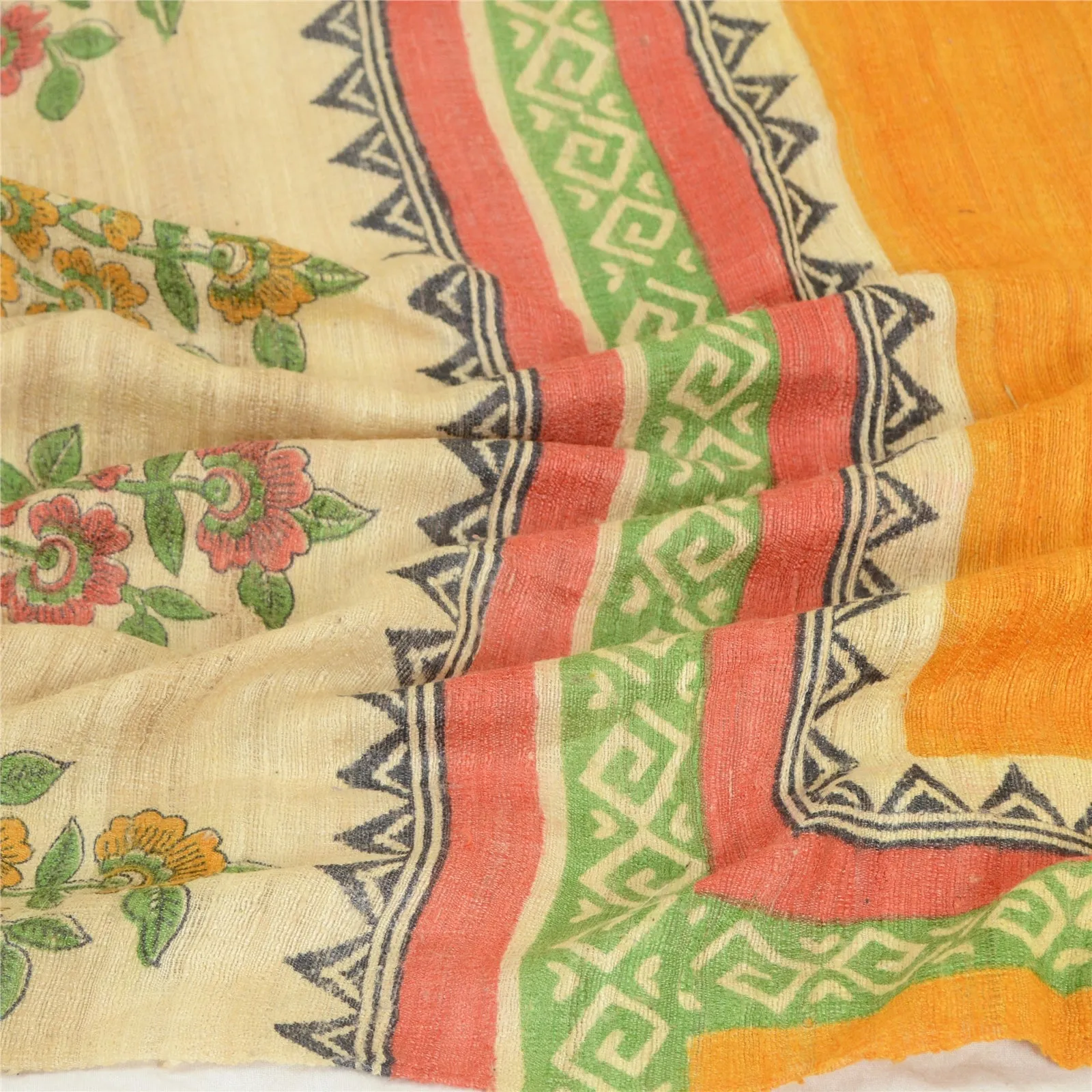 Sanskriti Vintage Yellow Long Dupatta/Stole Pure Handloom Silk Hand-Block Print