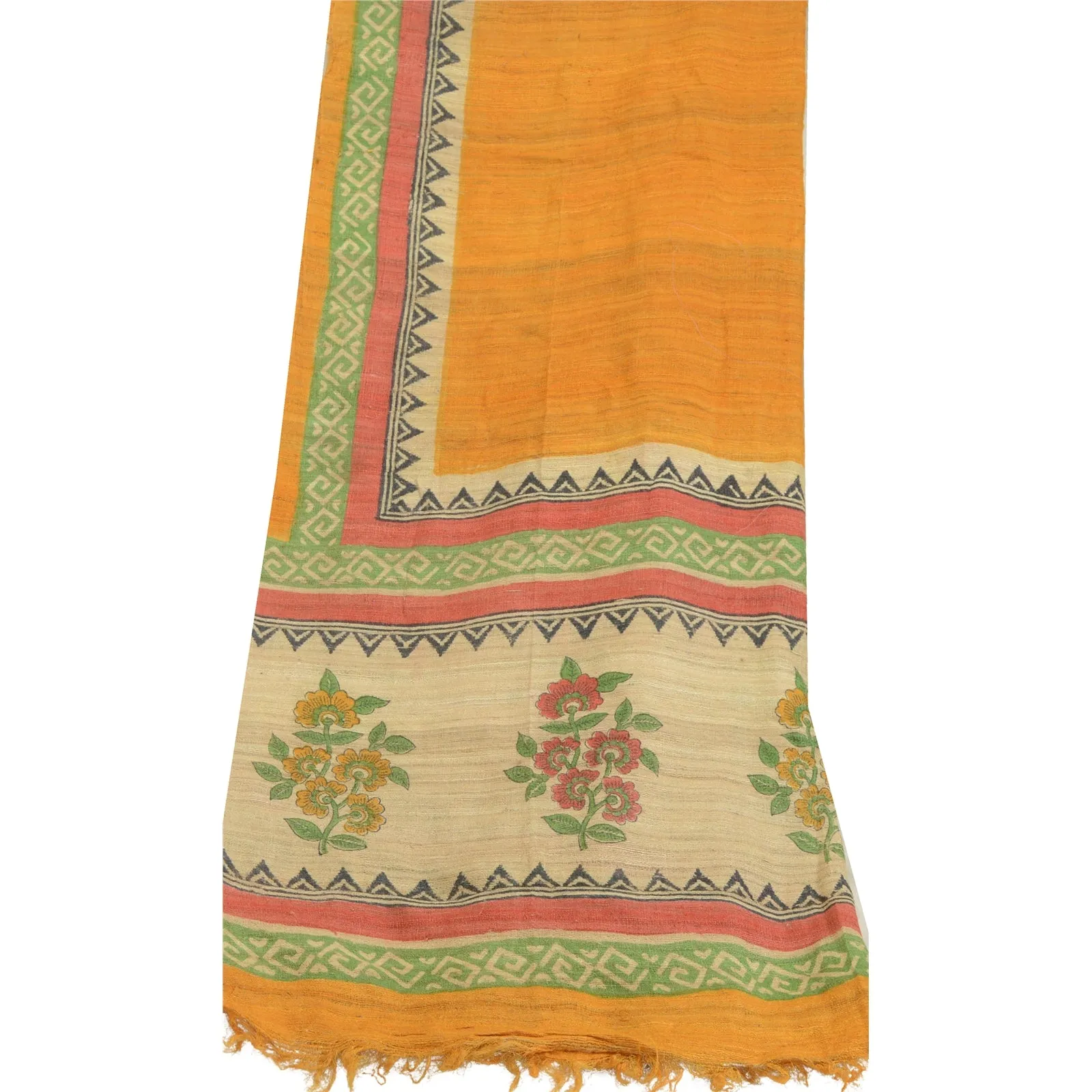 Sanskriti Vintage Yellow Long Dupatta/Stole Pure Handloom Silk Hand-Block Print