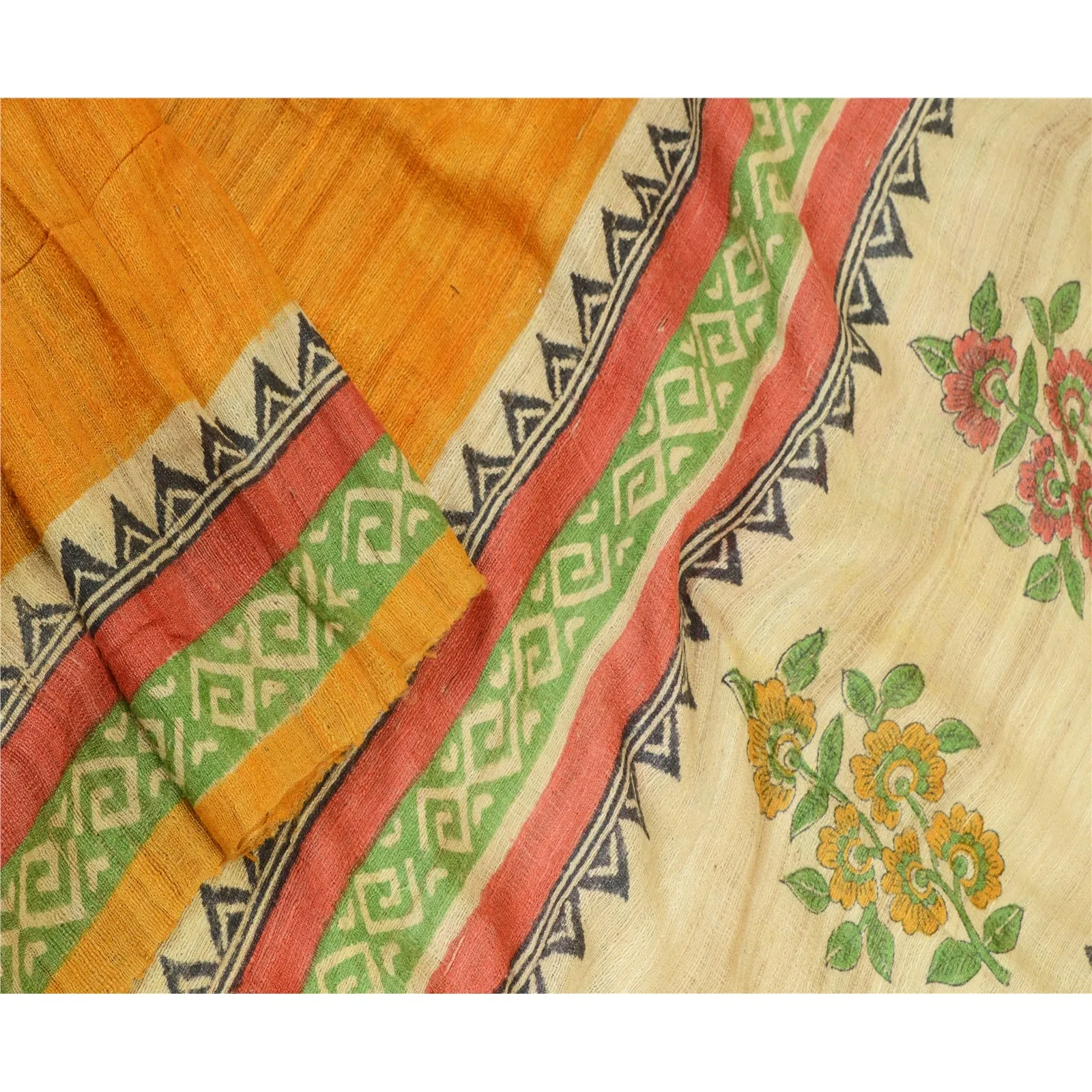 Sanskriti Vintage Yellow Long Dupatta/Stole Pure Handloom Silk Hand-Block Print