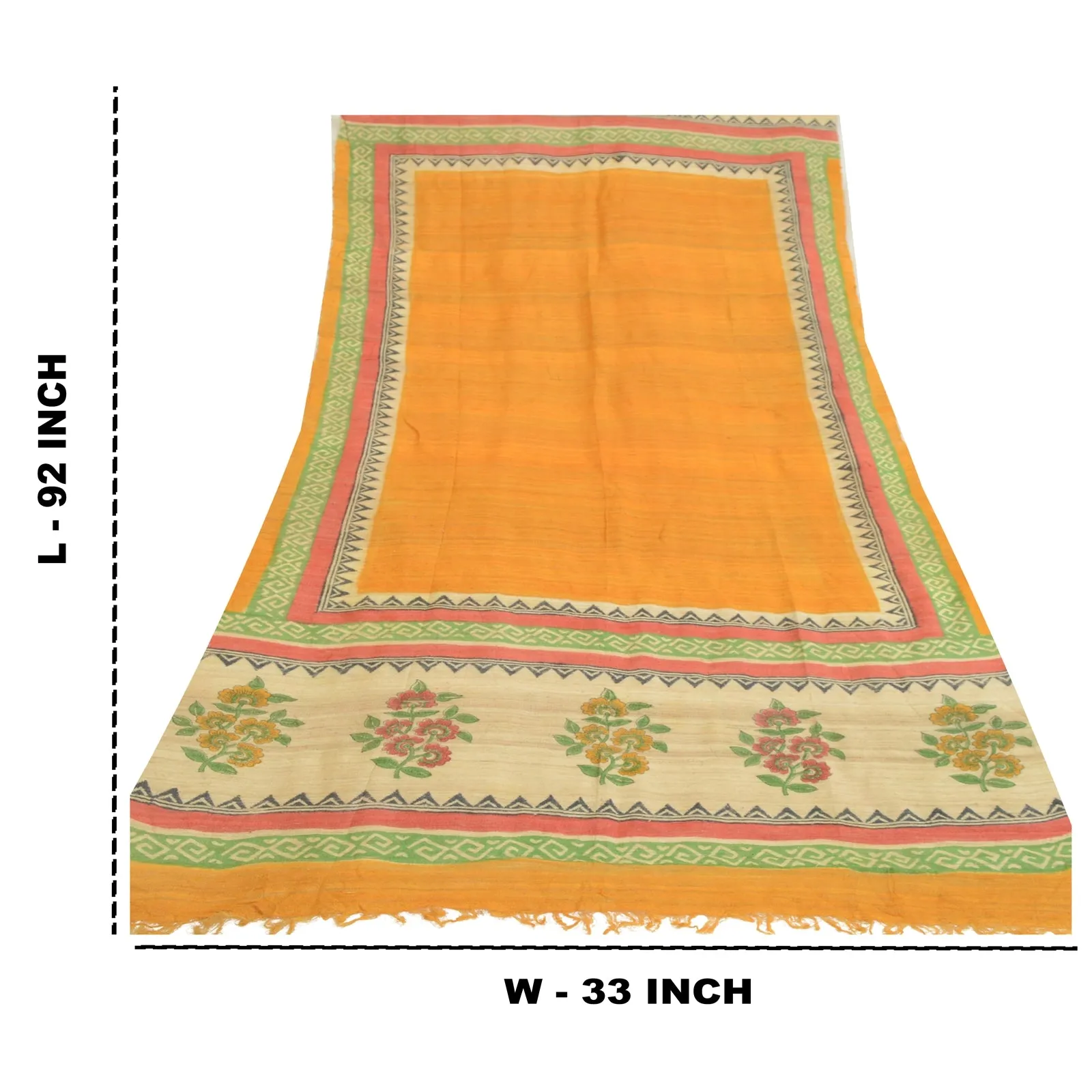 Sanskriti Vintage Yellow Long Dupatta/Stole Pure Handloom Silk Hand-Block Print