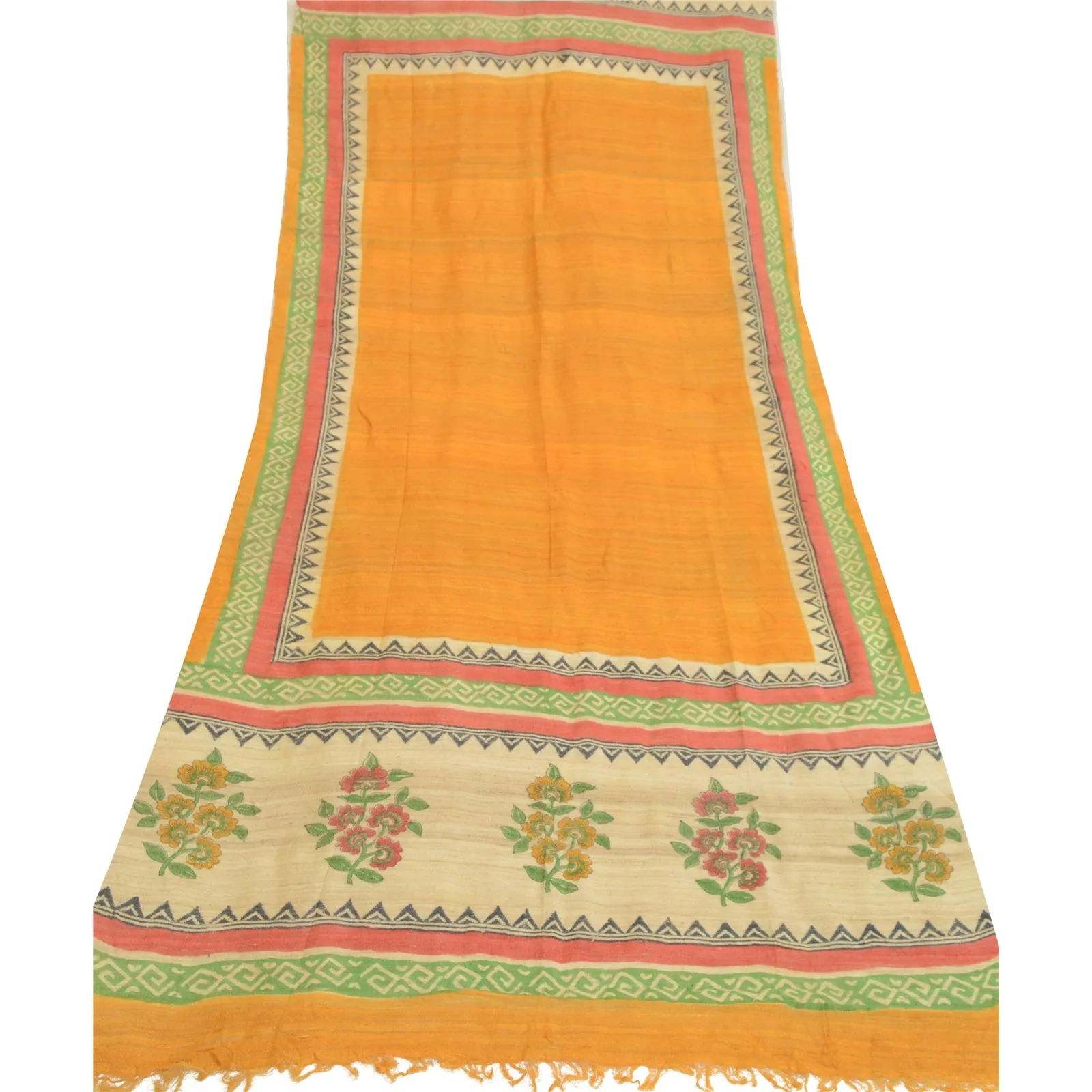 Sanskriti Vintage Yellow Long Dupatta/Stole Pure Handloom Silk Hand-Block Print