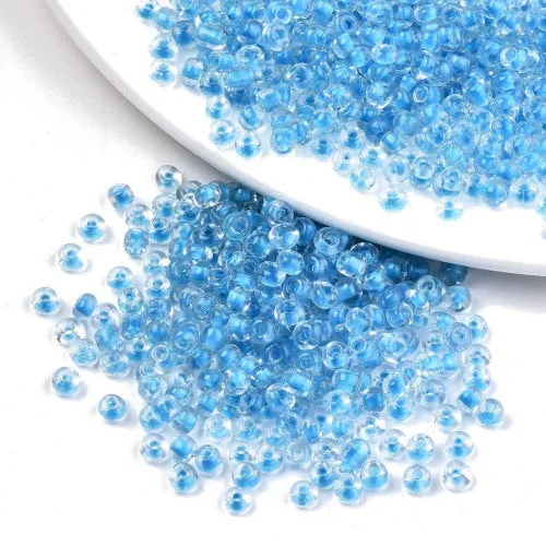 Seed Beads, Glass, Deep Sky Blue, Transparent, Inside Color, #6, Round, 4mm