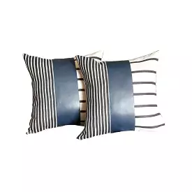 Set Of 2 Monochromic Stripe Ends And Spruce Blue Faux Leather Lumbar Pillow Covers