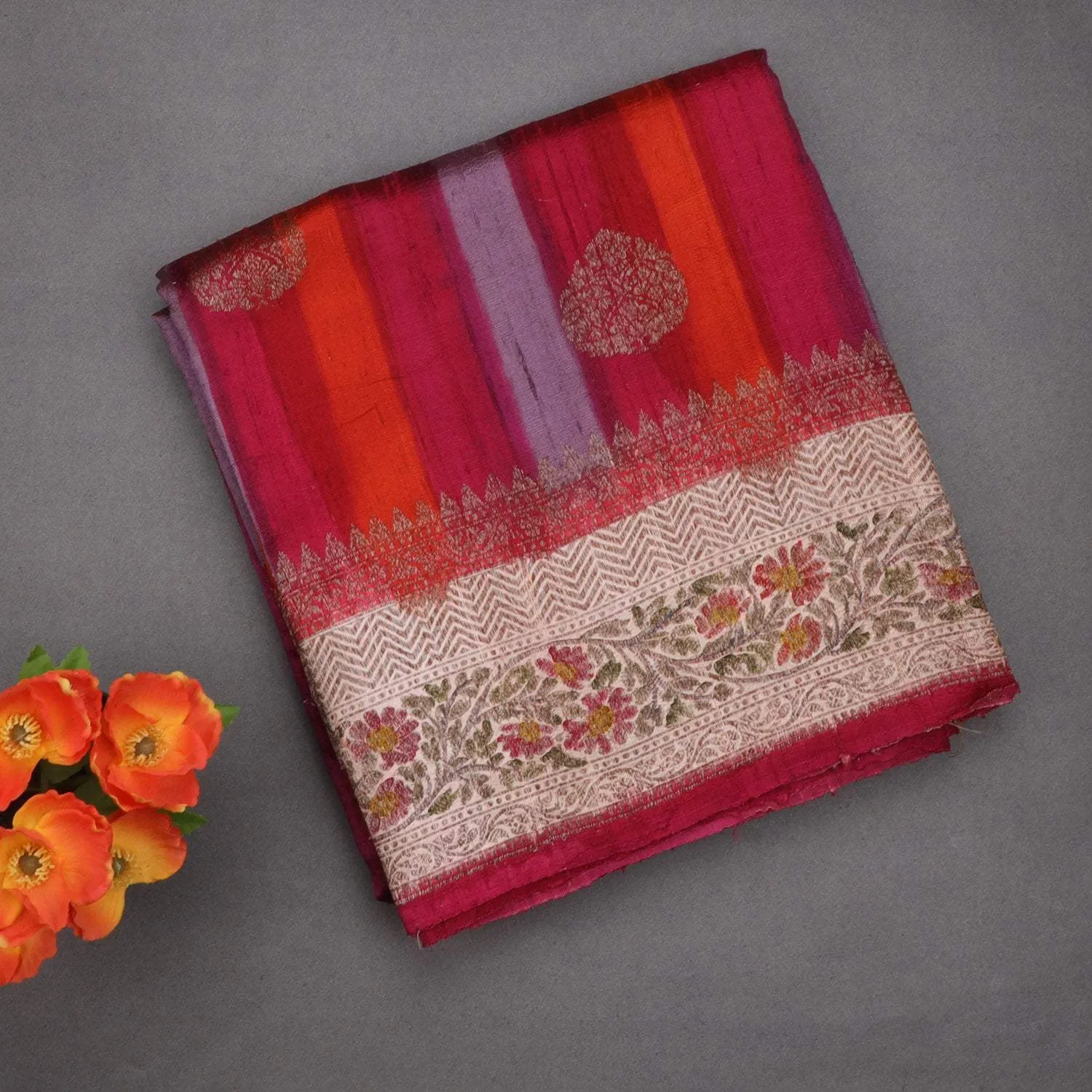 Shades of Purple Tussar Banarasi Silk Saree With Floral Buttas