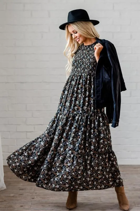 The Bella Smocked Maxi Dress: Black