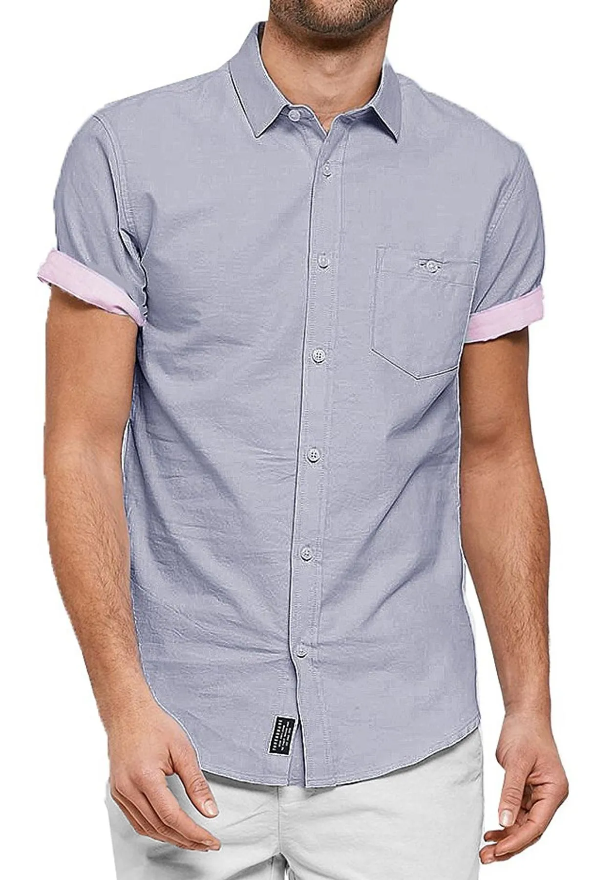 Threadbare Chester Short Sleeve Plain Pattern Shirt Denim Blue