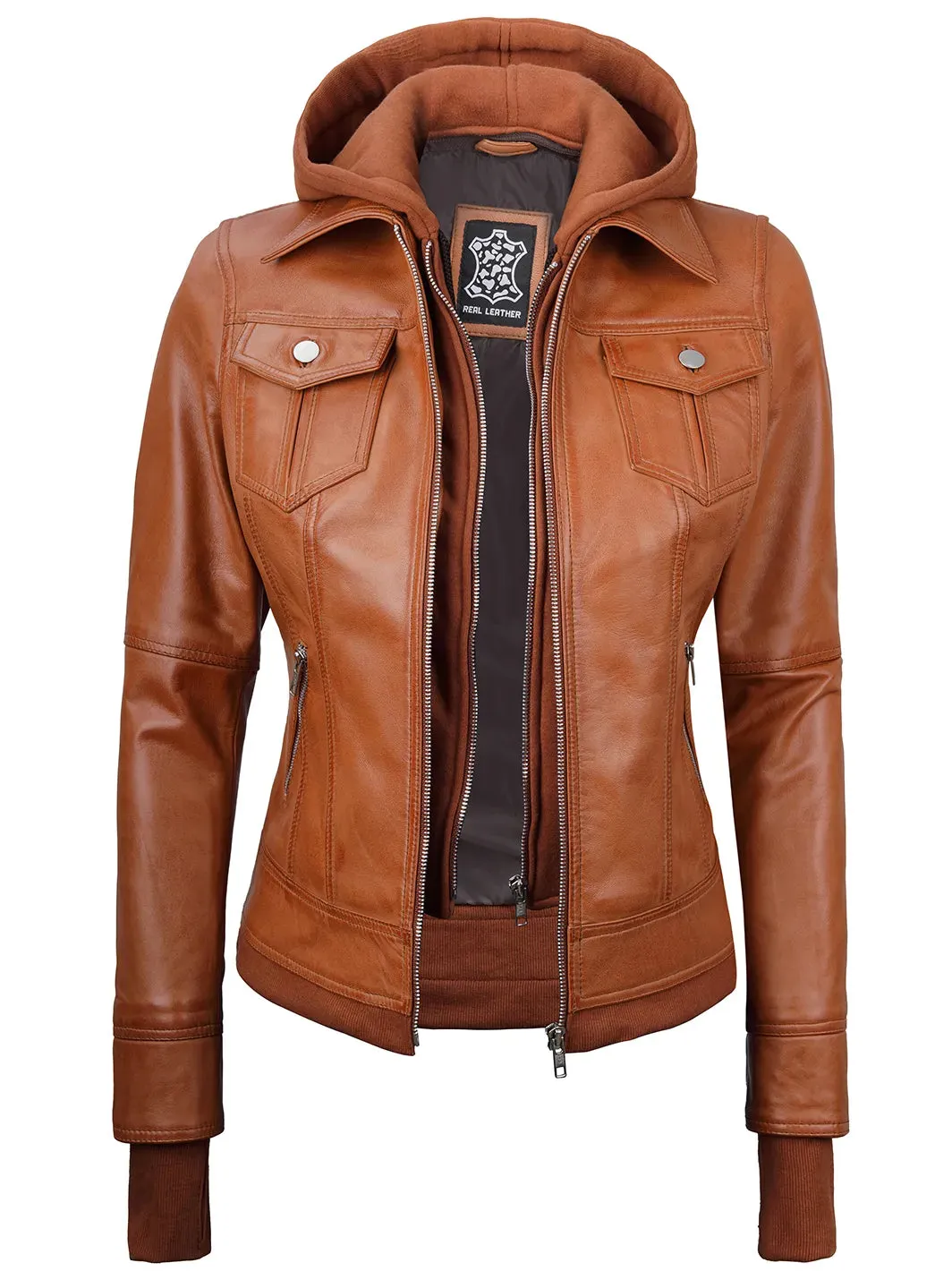 Tralee Womens Tan Wax Bomber Leather Jacket With Hood