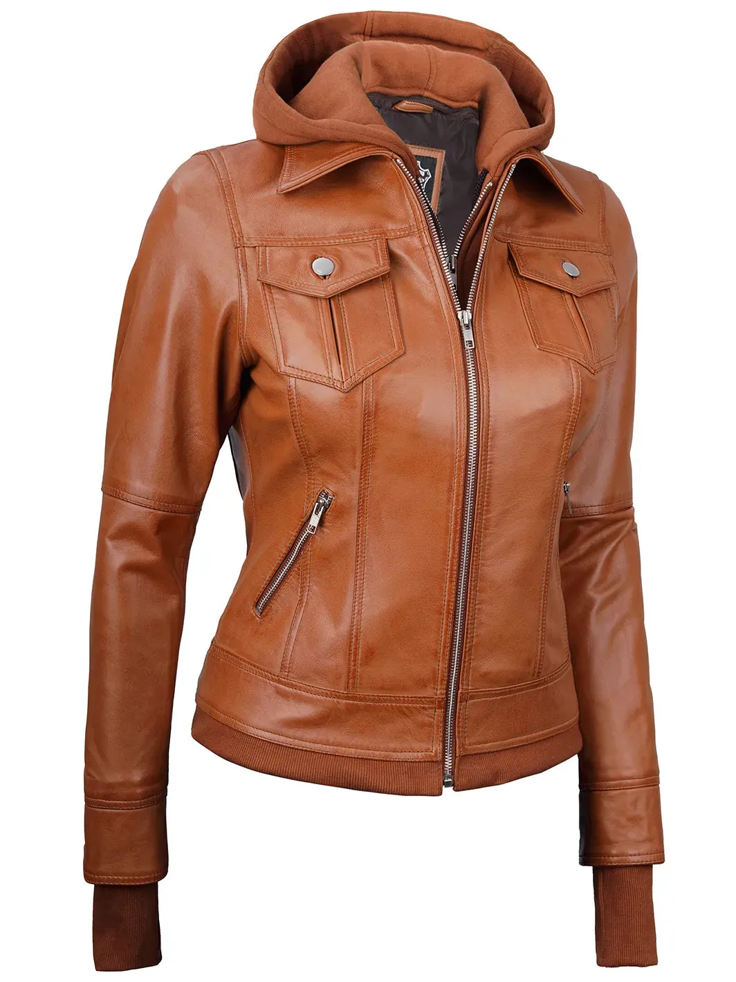 Tralee Womens Tan Wax Bomber Leather Jacket With Hood